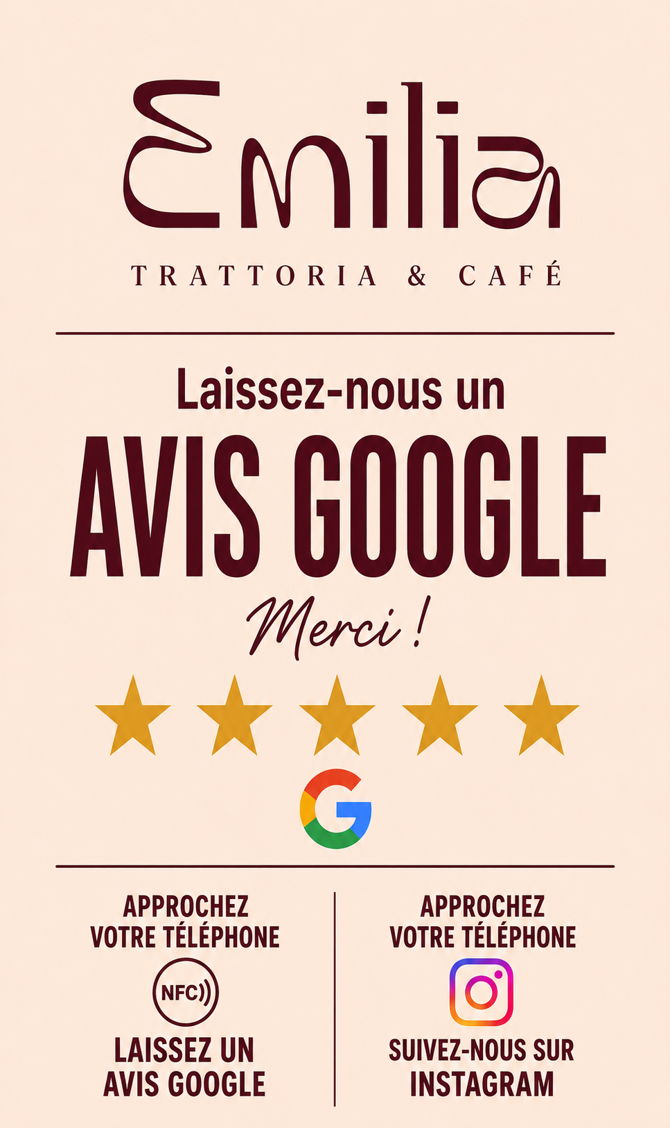 Pancarte NFC personnalisée pour Emilia Trattoria et Café