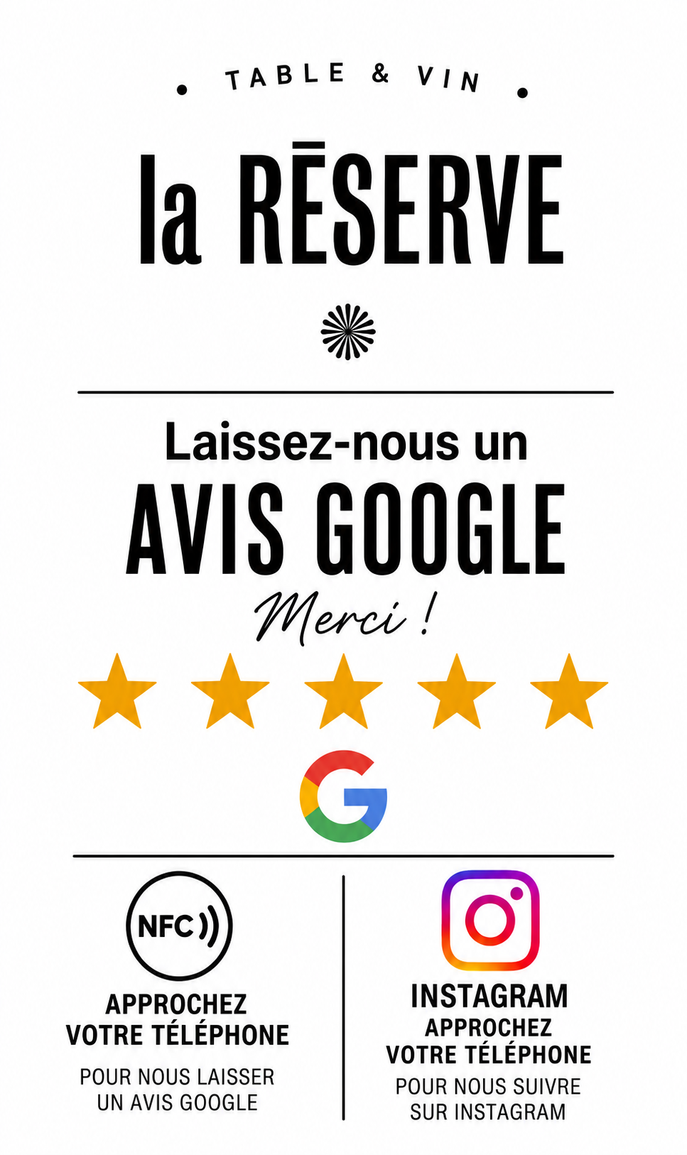 Pancarte NFC personnalisée pour La Réserve Table et Vin